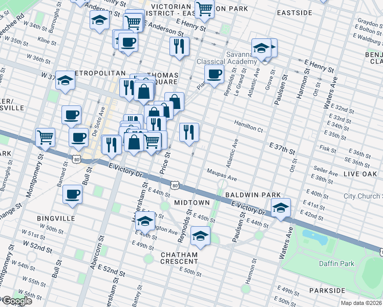 map of restaurants, bars, coffee shops, grocery stores, and more near 608 East 39th Street in Savannah