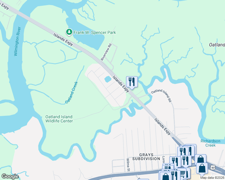 map of restaurants, bars, coffee shops, grocery stores, and more near 304 Wendy Hill Road in Savannah