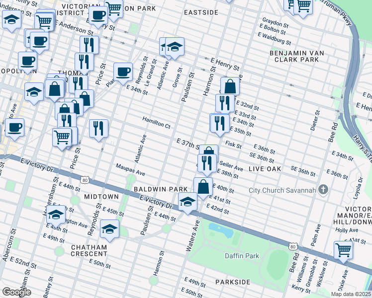map of restaurants, bars, coffee shops, grocery stores, and more near 817 East 37th Street in Savannah