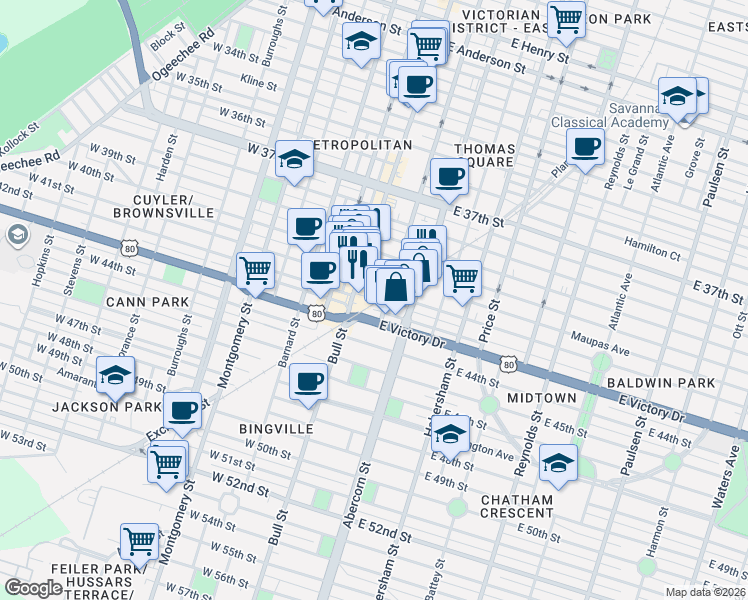 map of restaurants, bars, coffee shops, grocery stores, and more near 24 East 41st Street in Savannah