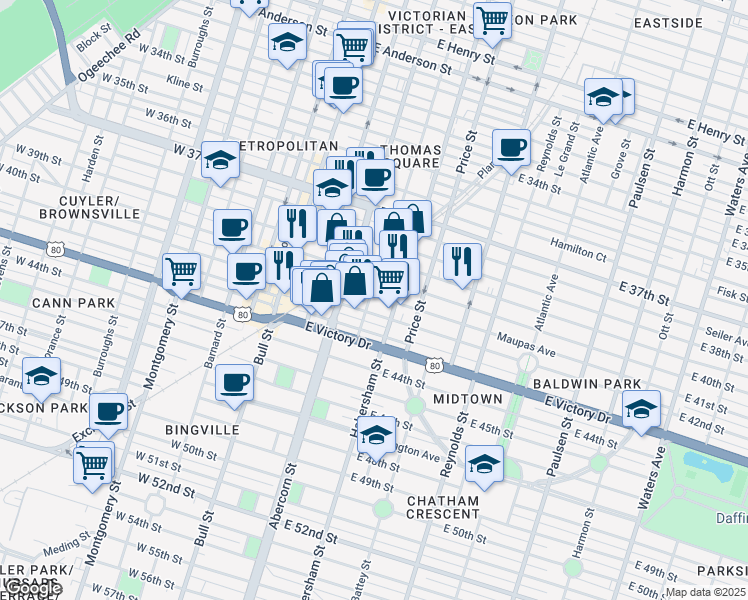 map of restaurants, bars, coffee shops, grocery stores, and more near 2408 Lincoln Street in Savannah