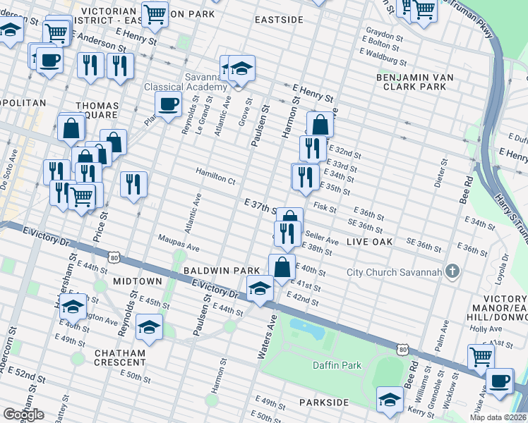 map of restaurants, bars, coffee shops, grocery stores, and more near 910 East 37th Street in Savannah