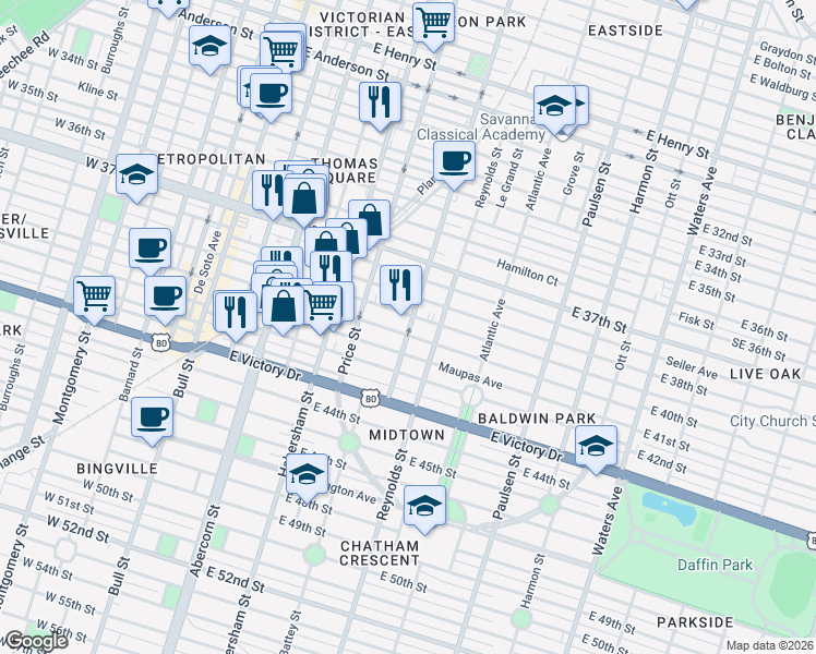 map of restaurants, bars, coffee shops, grocery stores, and more near 608 East 39th Street in Savannah