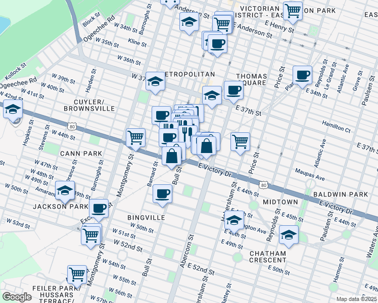 map of restaurants, bars, coffee shops, grocery stores, and more near 2517 Bull Street in Savannah