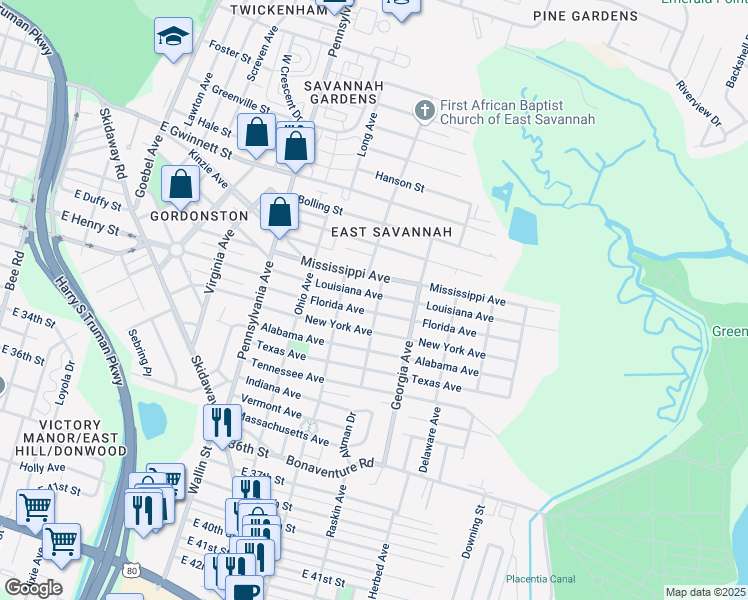 map of restaurants, bars, coffee shops, grocery stores, and more near 2148 Louisiana Avenue in Savannah