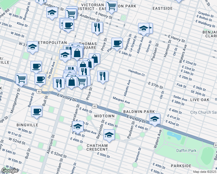 map of restaurants, bars, coffee shops, grocery stores, and more near 608 East 39th Street in Savannah
