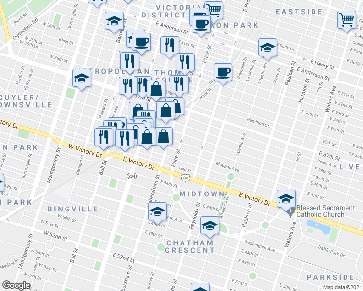 map of restaurants, bars, coffee shops, grocery stores, and more near 411 East 40th Street in Savannah