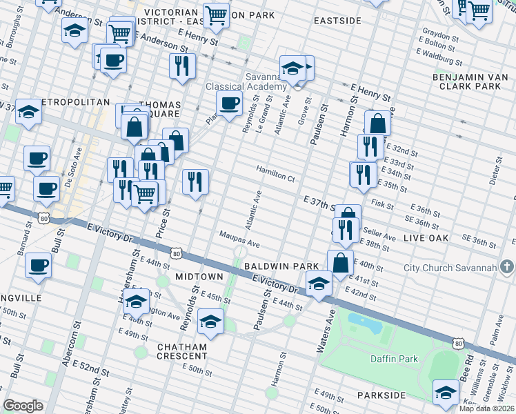 map of restaurants, bars, coffee shops, grocery stores, and more near 701 Seiler Avenue in Savannah