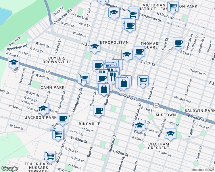 map of restaurants, bars, coffee shops, grocery stores, and more near 2517 Bull Street in Savannah