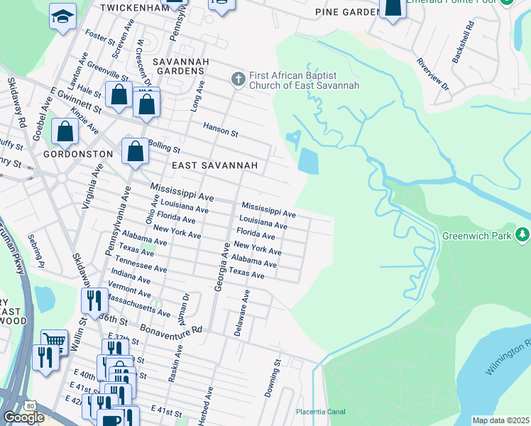 map of restaurants, bars, coffee shops, grocery stores, and more near 2408 Mississippi Avenue in Savannah