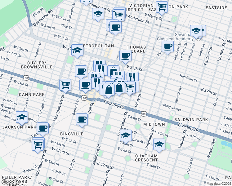 map of restaurants, bars, coffee shops, grocery stores, and more near 2426 Abercorn Street in Savannah