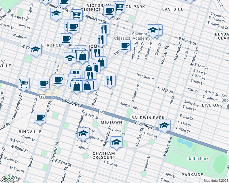 map of restaurants, bars, coffee shops, grocery stores, and more near 608 East 39th Street in Savannah
