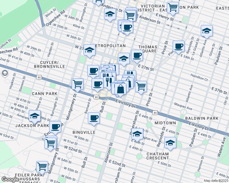 map of restaurants, bars, coffee shops, grocery stores, and more near 24 East 41st Street in Savannah