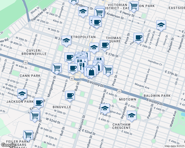 map of restaurants, bars, coffee shops, grocery stores, and more near 24 East 41st Street in Savannah