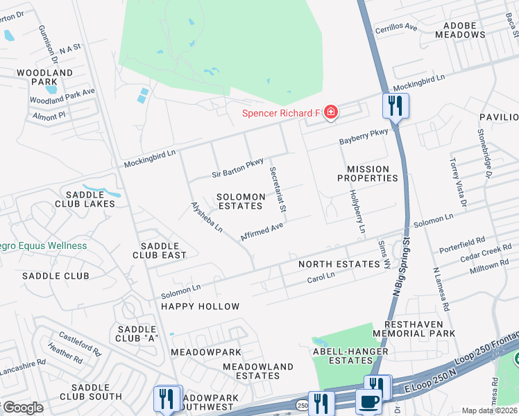 map of restaurants, bars, coffee shops, grocery stores, and more near 407 Charismatic Drive in Midland