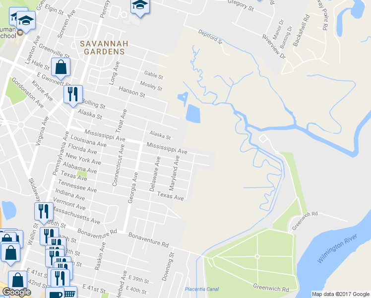 map of restaurants, bars, coffee shops, grocery stores, and more near 2506 Mississippi Avenue in Savannah
