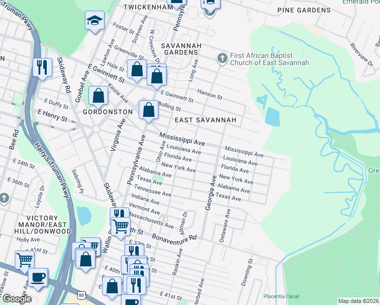 map of restaurants, bars, coffee shops, grocery stores, and more near 2148 Louisiana Avenue in Savannah