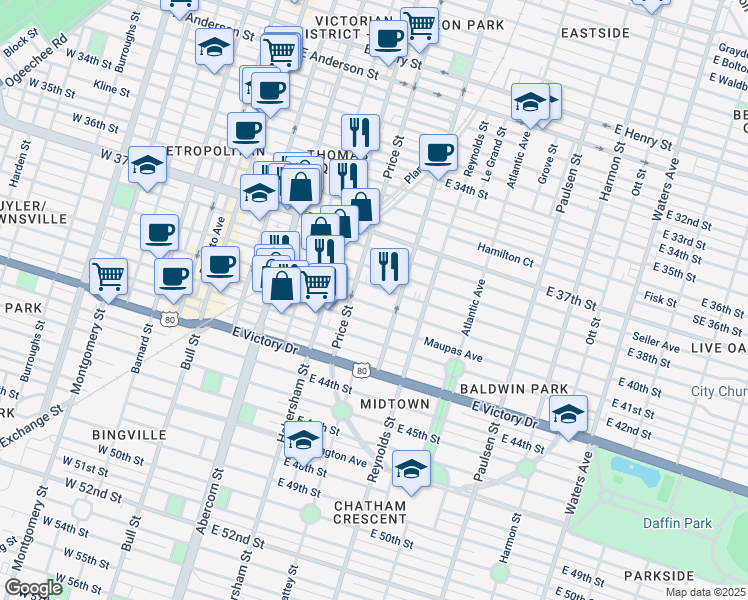map of restaurants, bars, coffee shops, grocery stores, and more near 519 East 39th Street in Savannah
