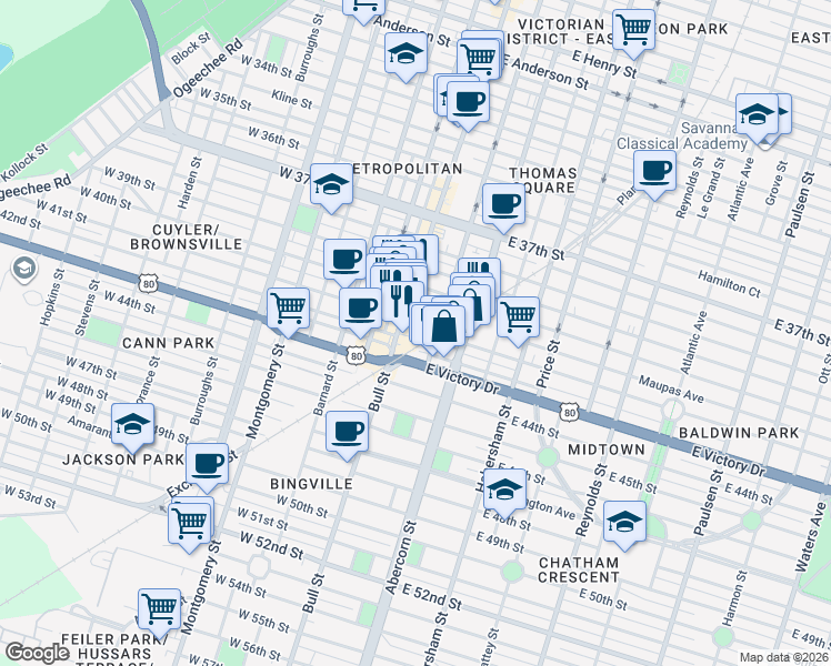 map of restaurants, bars, coffee shops, grocery stores, and more near 24 East 41st Street in Savannah