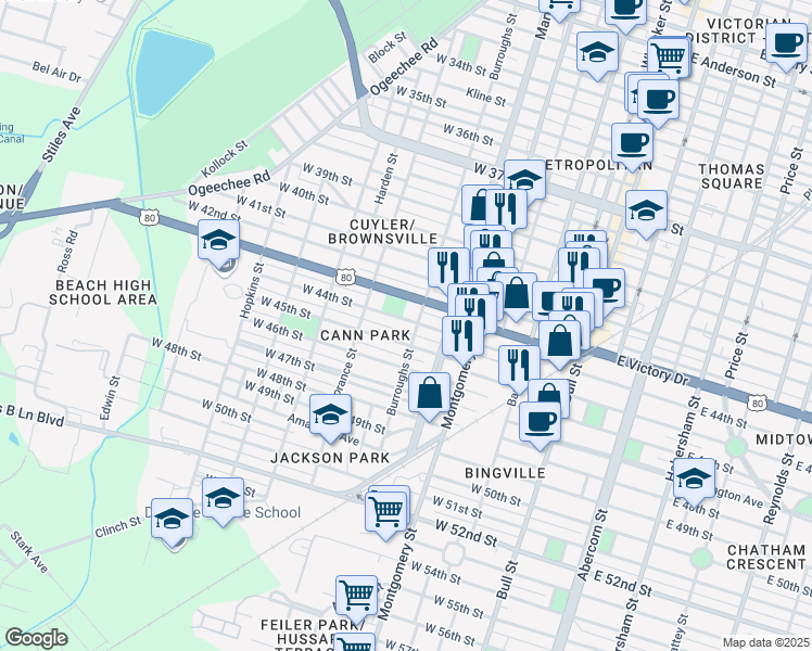map of restaurants, bars, coffee shops, grocery stores, and more near 615 West 44th Street in Savannah