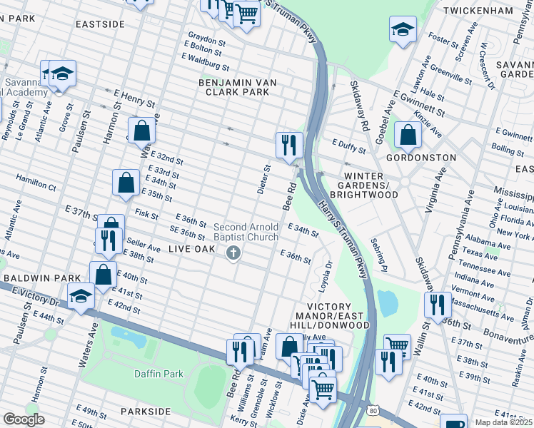 map of restaurants, bars, coffee shops, grocery stores, and more near 1514 East 34th Street in Savannah