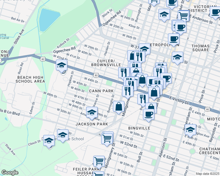 map of restaurants, bars, coffee shops, grocery stores, and more near 615 West 44th Street in Savannah