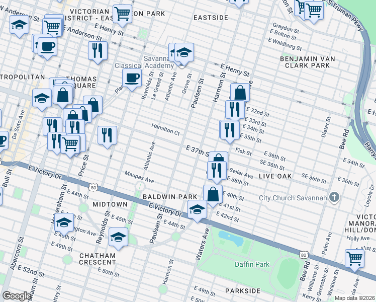map of restaurants, bars, coffee shops, grocery stores, and more near 817 East 37th Street in Savannah