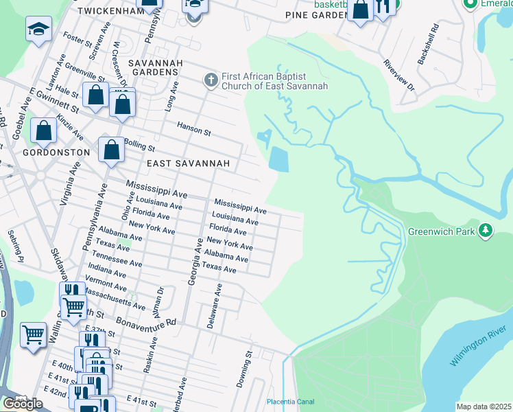 map of restaurants, bars, coffee shops, grocery stores, and more near 2422 Mississippi Avenue in Savannah