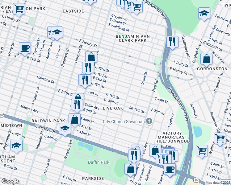 map of restaurants, bars, coffee shops, grocery stores, and more near 1227 East 35th Street in Savannah
