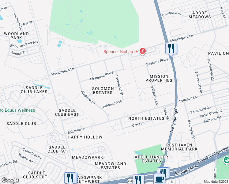 map of restaurants, bars, coffee shops, grocery stores, and more near 407 Charismatic Dr in Midland