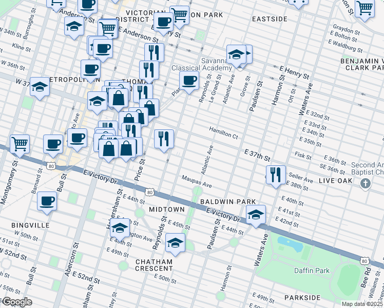 map of restaurants, bars, coffee shops, grocery stores, and more near 629 East 38th Street in Savannah