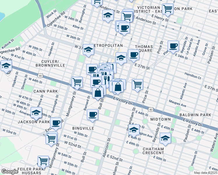 map of restaurants, bars, coffee shops, grocery stores, and more near 2517 Bull Street in Savannah