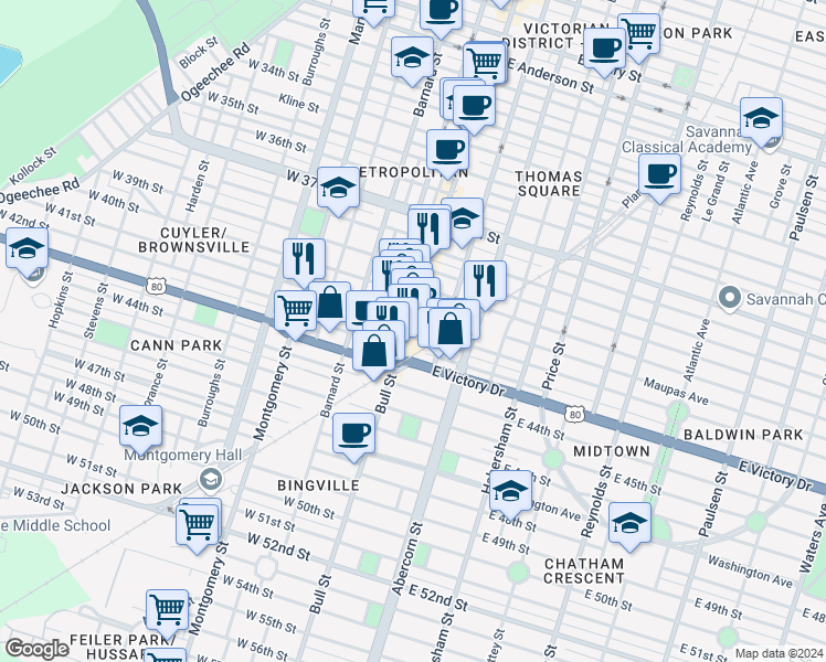 map of restaurants, bars, coffee shops, grocery stores, and more near 2517 Bull Street in Savannah