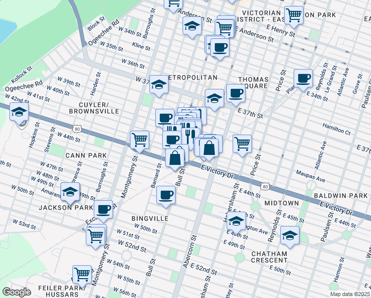 map of restaurants, bars, coffee shops, grocery stores, and more near 2517 Bull Street in Savannah