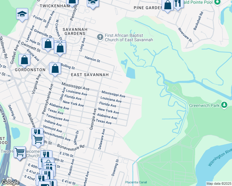 map of restaurants, bars, coffee shops, grocery stores, and more near 2408 Mississippi Avenue in Savannah