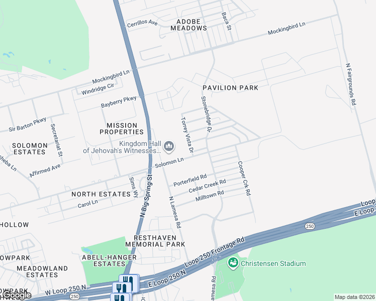 map of restaurants, bars, coffee shops, grocery stores, and more near 5105 Torrey Vista Drive in Midland