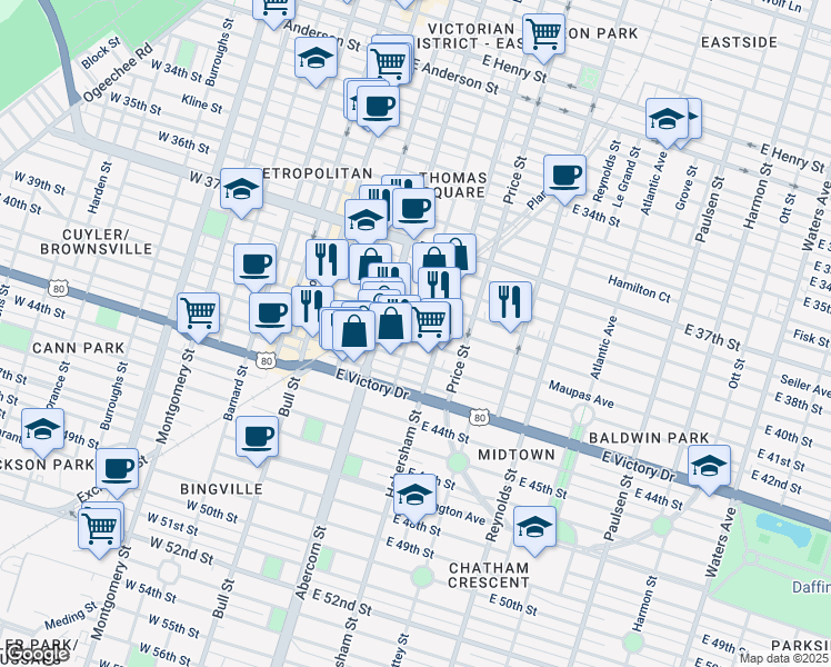 map of restaurants, bars, coffee shops, grocery stores, and more near 2408 Lincoln Street in Savannah
