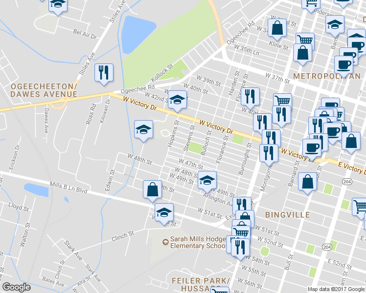 map of restaurants, bars, coffee shops, grocery stores, and more near 2909 Stevens Street in Savannah