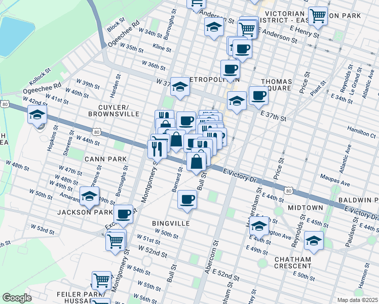map of restaurants, bars, coffee shops, grocery stores, and more near 115 West 42nd Street in Savannah