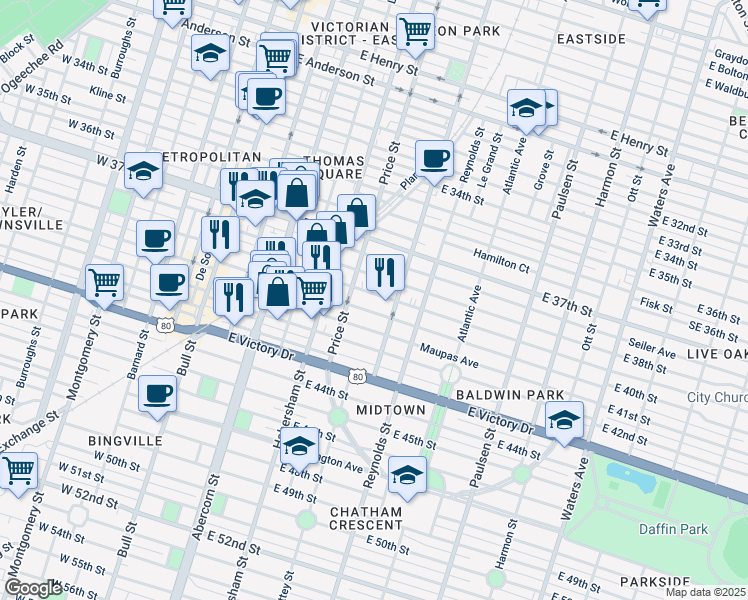 map of restaurants, bars, coffee shops, grocery stores, and more near 519 East 39th Street in Savannah