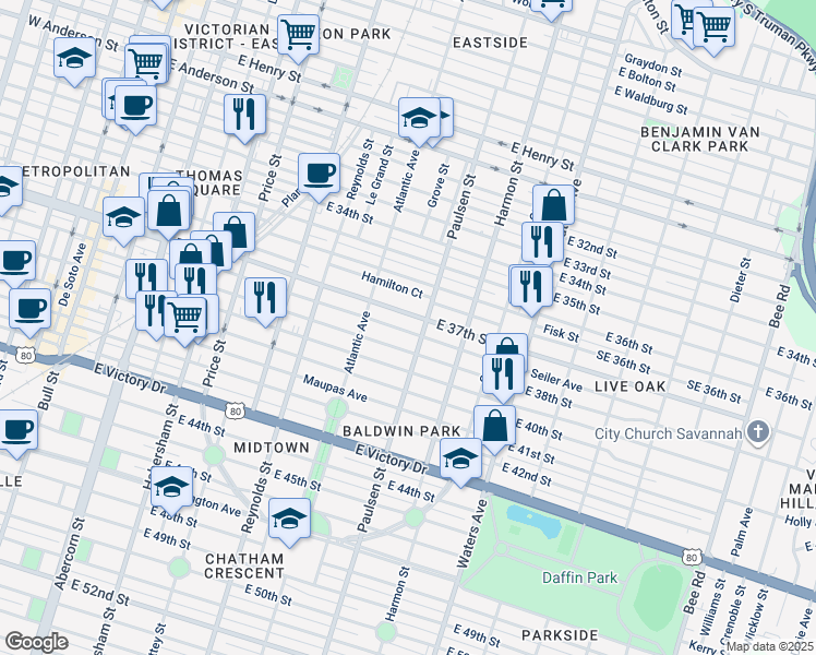 map of restaurants, bars, coffee shops, grocery stores, and more near 740 Seiler Avenue in Savannah