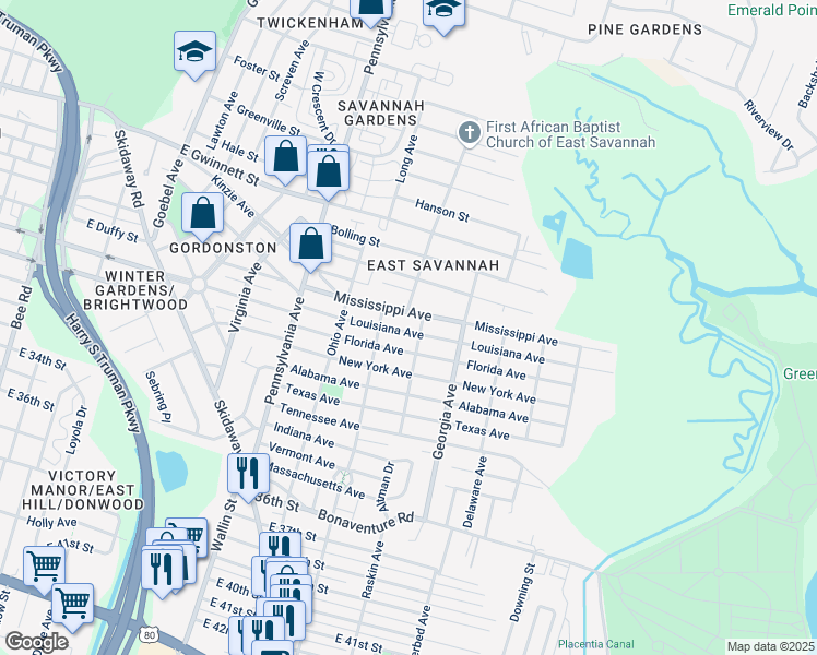 map of restaurants, bars, coffee shops, grocery stores, and more near 2148 Louisiana Avenue in Savannah