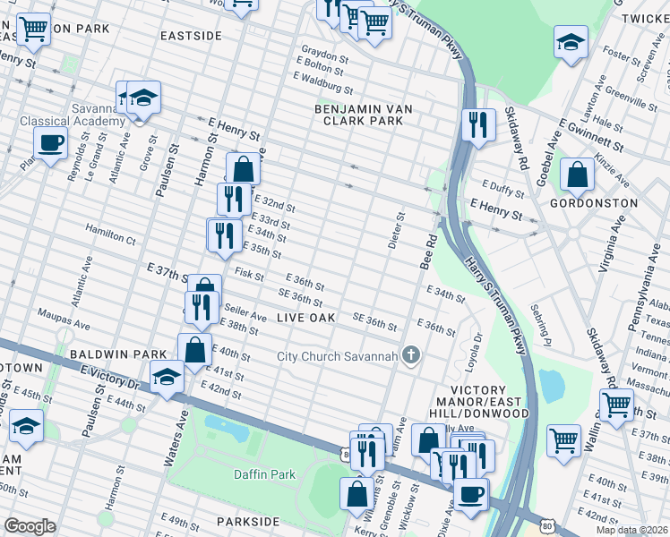 map of restaurants, bars, coffee shops, grocery stores, and more near 1332 East 35th Street in Savannah