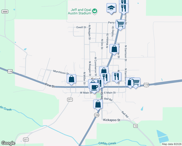 map of restaurants, bars, coffee shops, grocery stores, and more near 406 South Reagan Street in Frankston