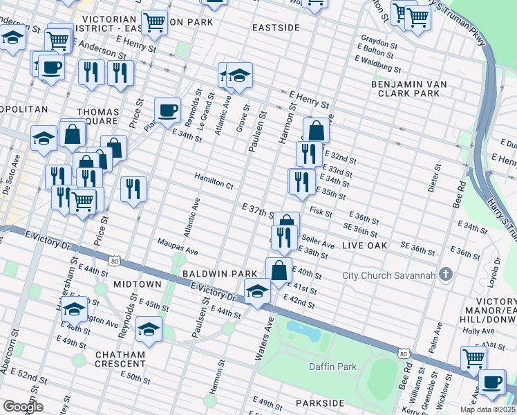 map of restaurants, bars, coffee shops, grocery stores, and more near 910 East 37th Street in Savannah