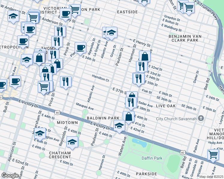 map of restaurants, bars, coffee shops, grocery stores, and more near 817 East 37th Street in Savannah