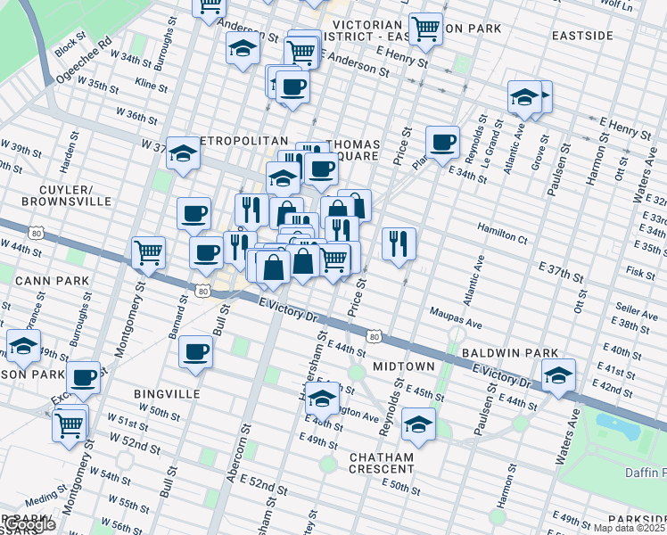 map of restaurants, bars, coffee shops, grocery stores, and more near 2408 Lincoln Street in Savannah