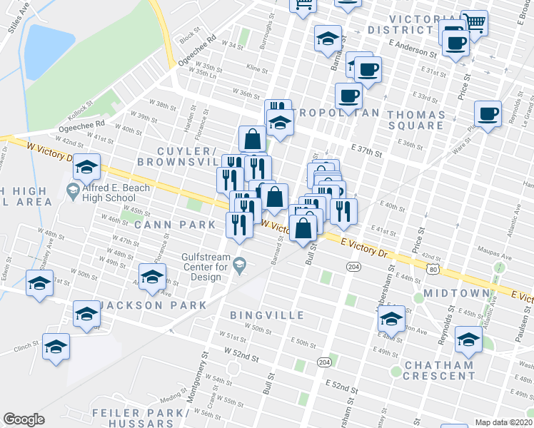 map of restaurants, bars, coffee shops, grocery stores, and more near 2610 Jefferson Street in Savannah