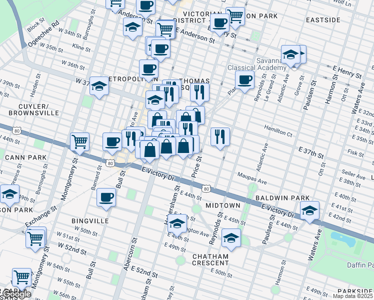 map of restaurants, bars, coffee shops, grocery stores, and more near 2401 Habersham Street in Savannah