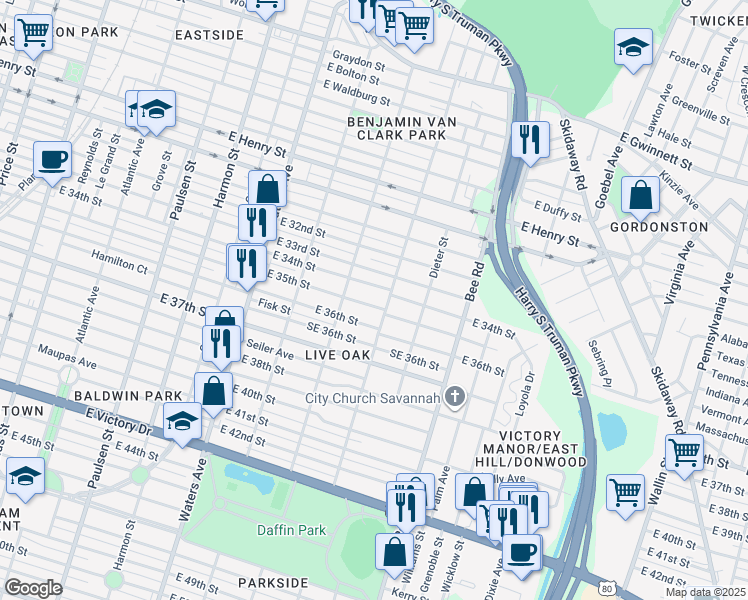 map of restaurants, bars, coffee shops, grocery stores, and more near 1332 East 35th Street in Savannah